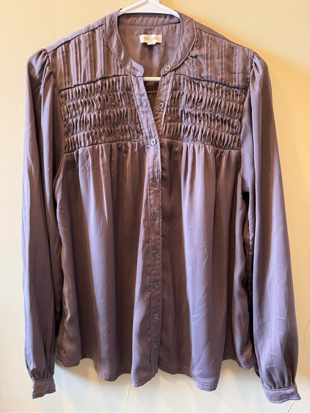 Pilcro Anthropology Silky Smocked Yoke Long Sleeve Purple Buttondown Size XS